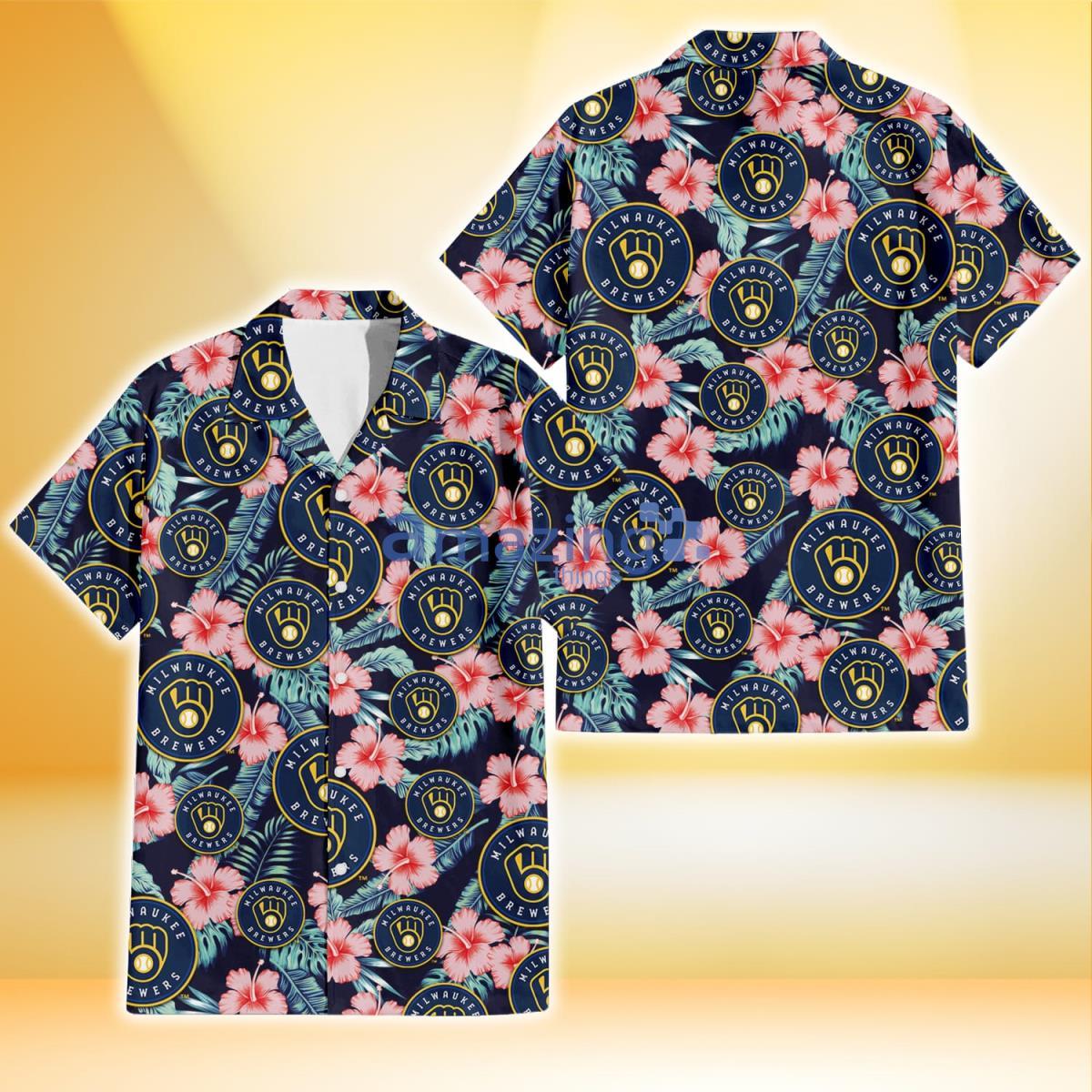 Milwaukee Brewers Coral Hibiscus Green Banana Leaf Black Background 3D Hawaiian Shirt Gift For Fans Product Photo 1