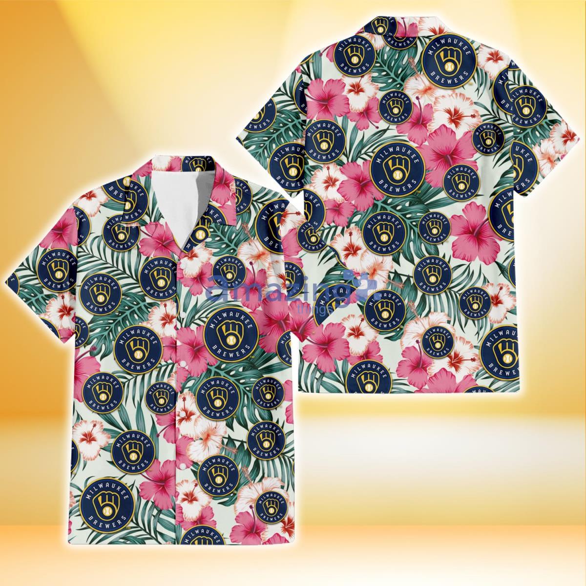 Milwaukee Brewers Coral Pink Hibiscus Green Leaf Beige Background 3D Hawaiian Shirt Gift For Fans Product Photo 1
