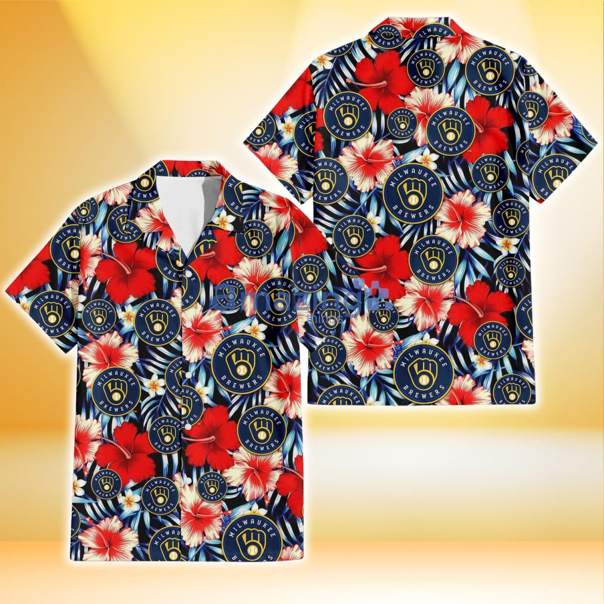 Milwaukee Brewers Coral Red Hibiscus Blue Palm Leaf Black Background 3D Hawaiian Shirt Gift For Fans Product Photo 1