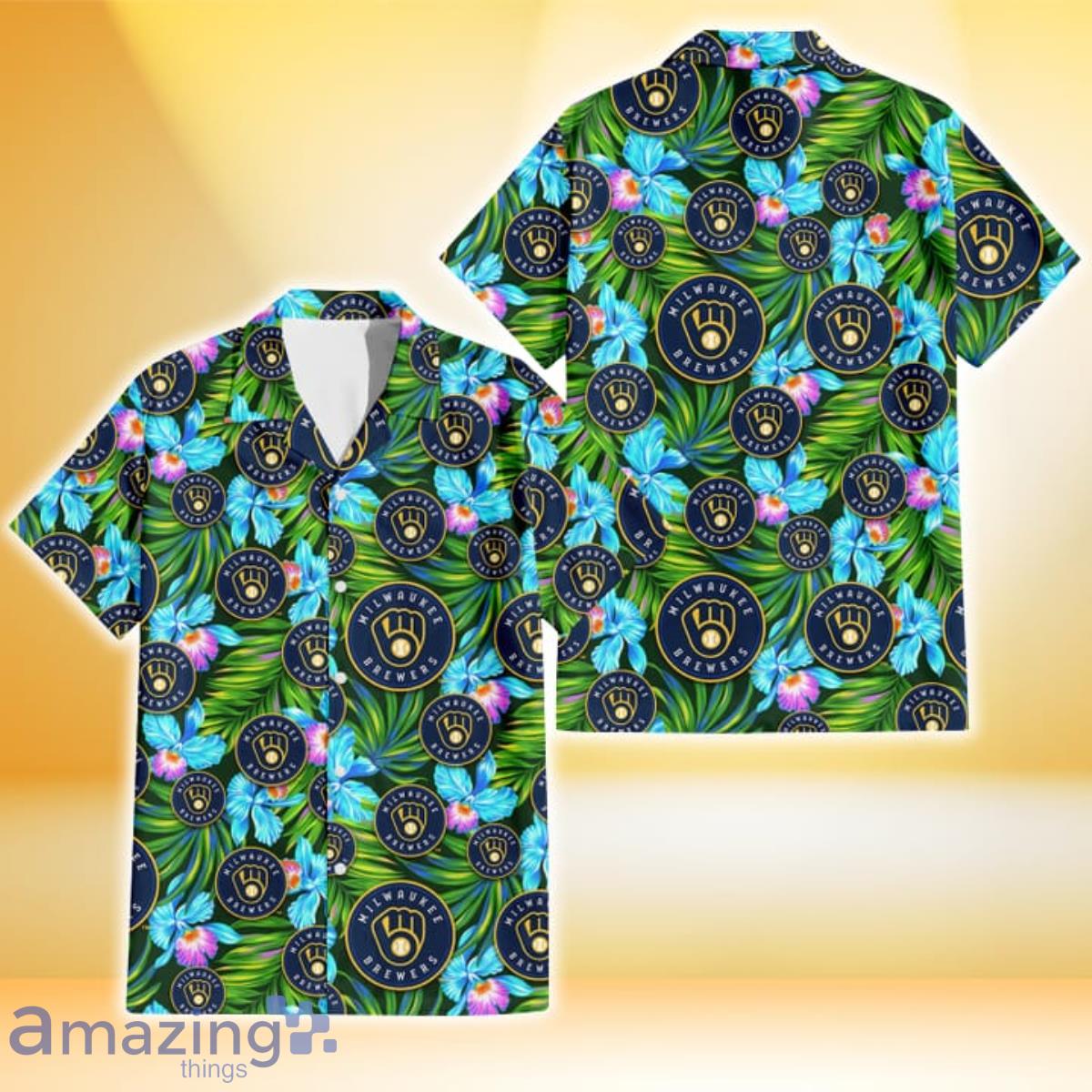 Milwaukee Brewers Electro Color Hibiscus Black Background 3D Hawaiian Shirt Gift For Fans Product Photo 1