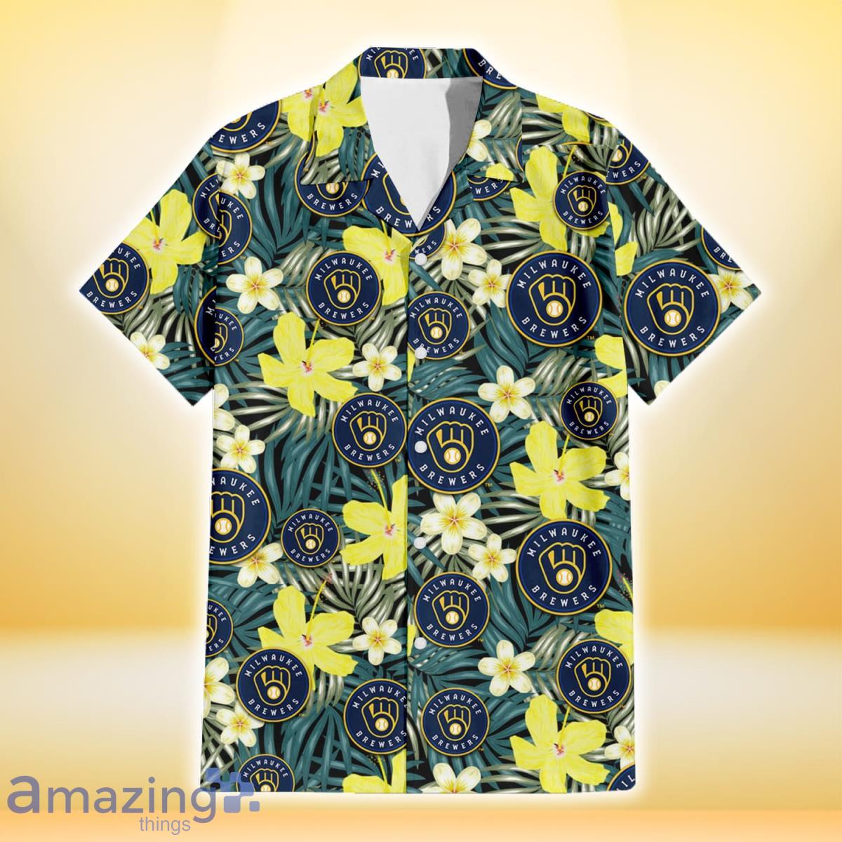 Milwaukee Brewers Hibiscus Green Palm Leaf Black Background 3D Hawaiian Shirt Gift For Fans image Milwaukee Brewers Hibiscus Green Palm Leaf Black Background 3D Hawaiian Shirt Gift For Fans Product Photo 2
