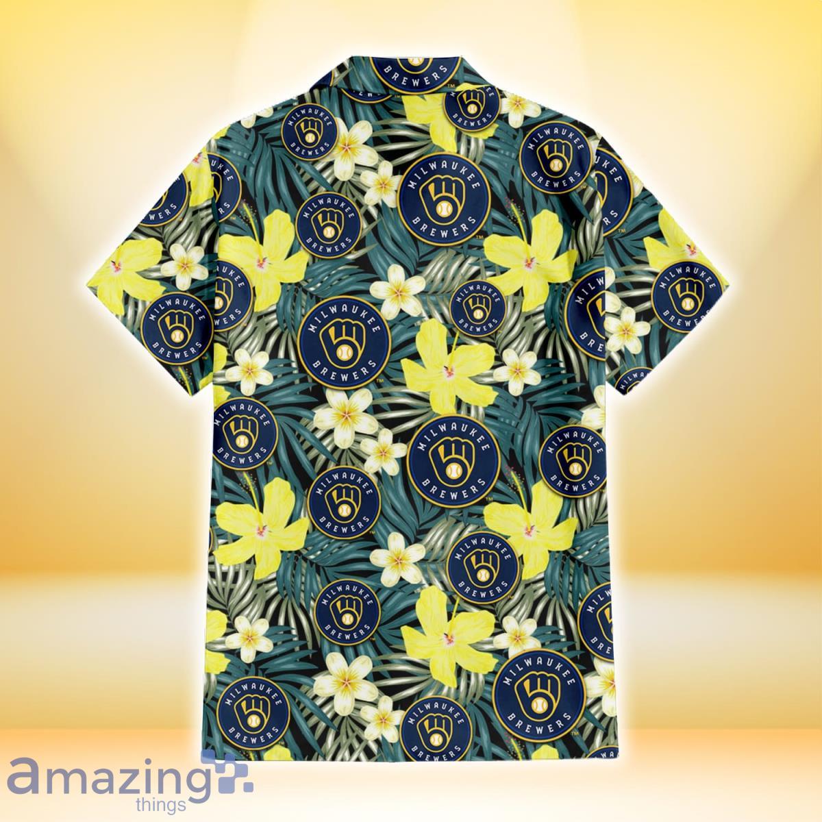 Milwaukee Brewers Hibiscus Green Palm Leaf Black Background 3D Hawaiian Shirt Gift For Fans image Milwaukee Brewers Hibiscus Green Palm Leaf Black Background 3D Hawaiian Shirt Gift For Fans Product Photo 3