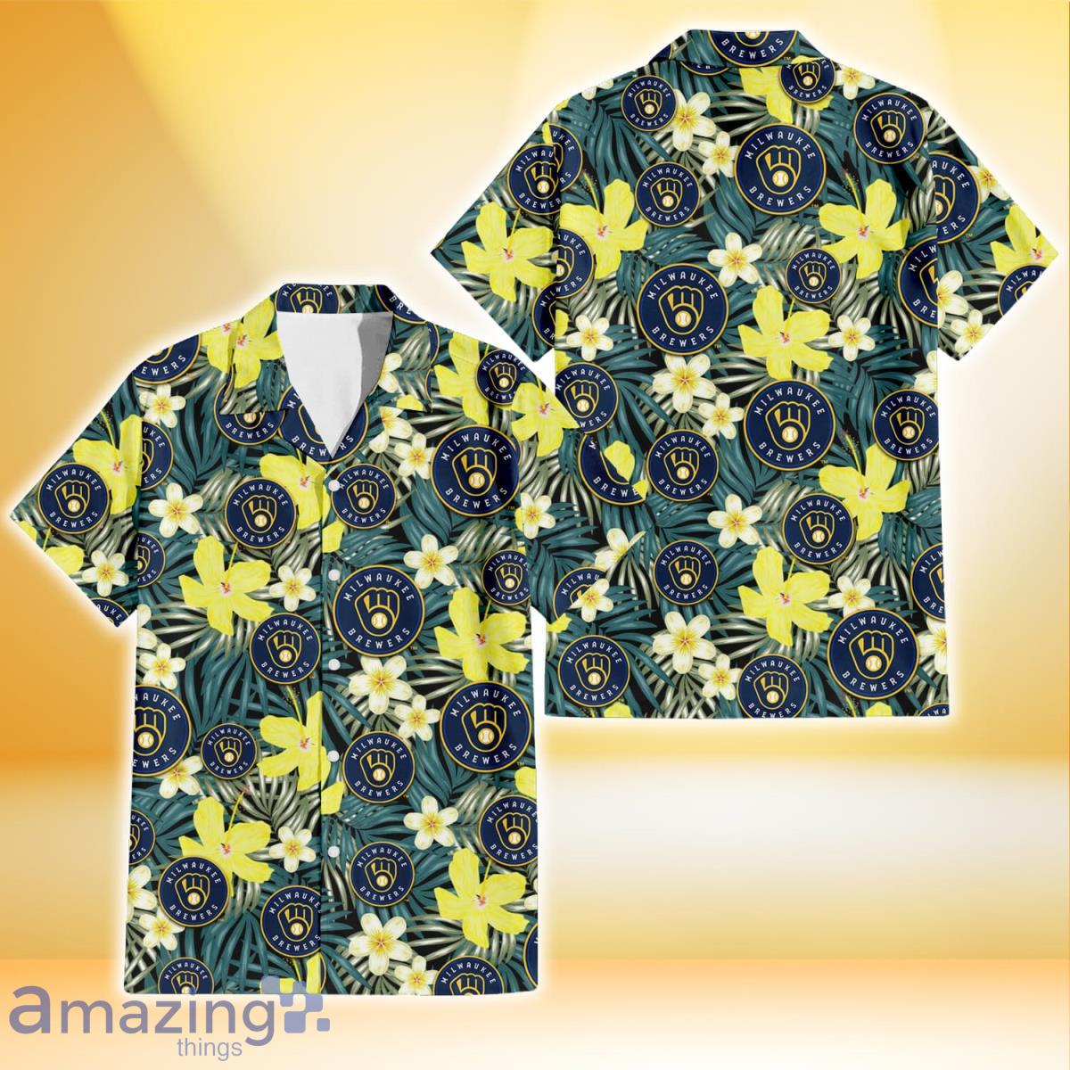 Milwaukee Brewers Hibiscus Green Palm Leaf Black Background 3D Hawaiian Shirt Gift For Fans Product Photo 1