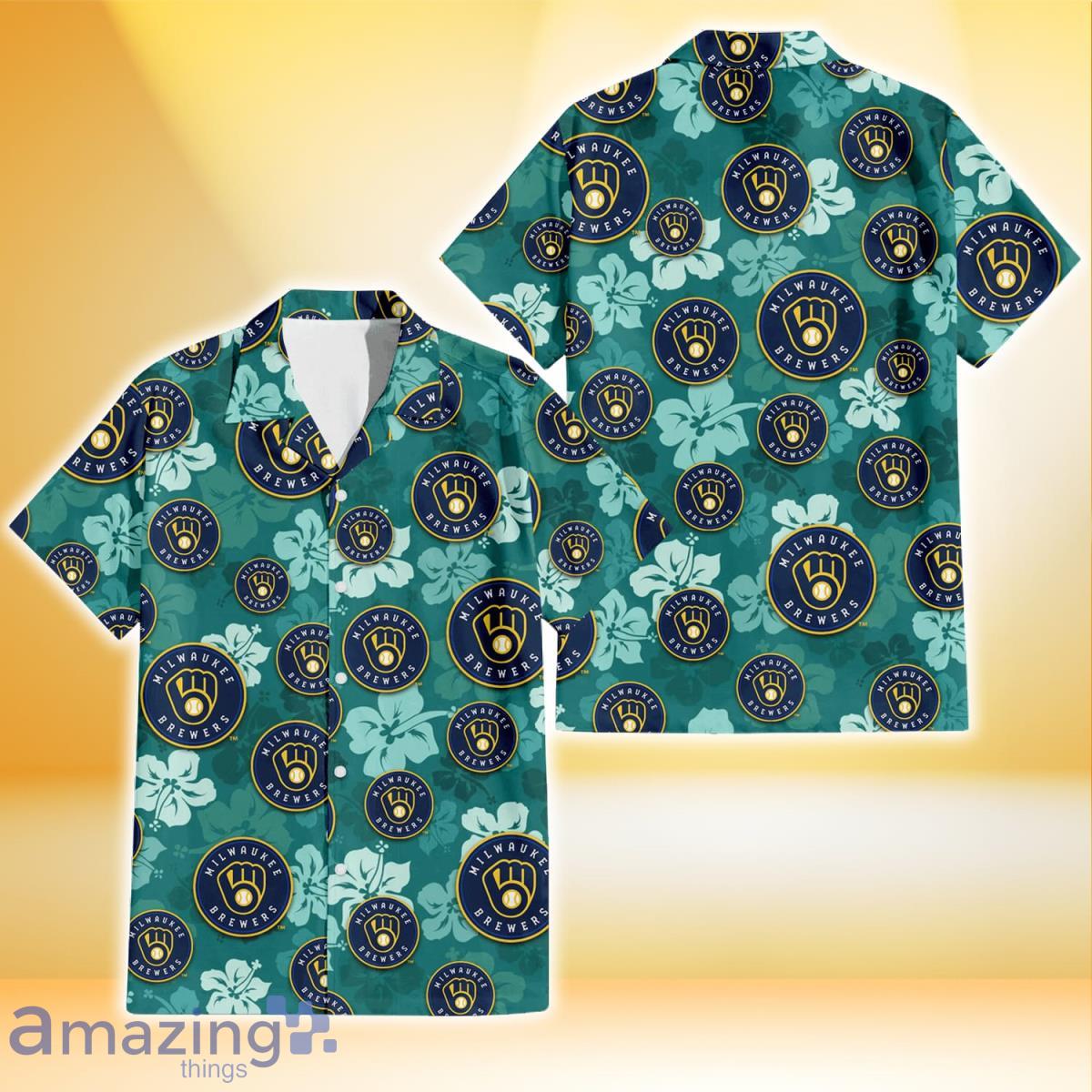 Milwaukee Brewers Pale Turquoise Hibiscus Light Cyan Background 3D Hawaiian  Shirt Gift For Fans