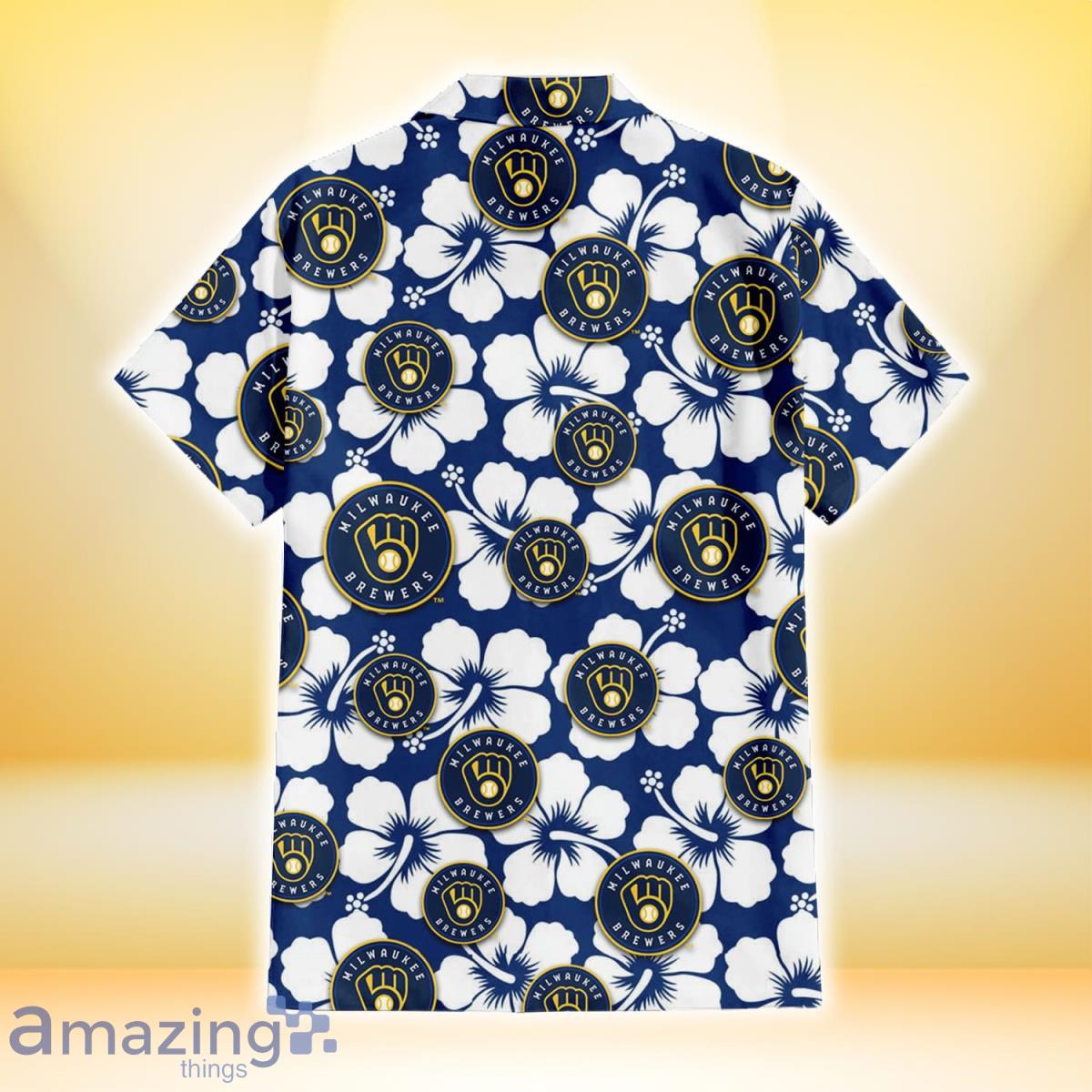 Milwaukee Brewers Modern White Hibiscus Navy Background 3D Hawaiian Shirt  Gift For Fans