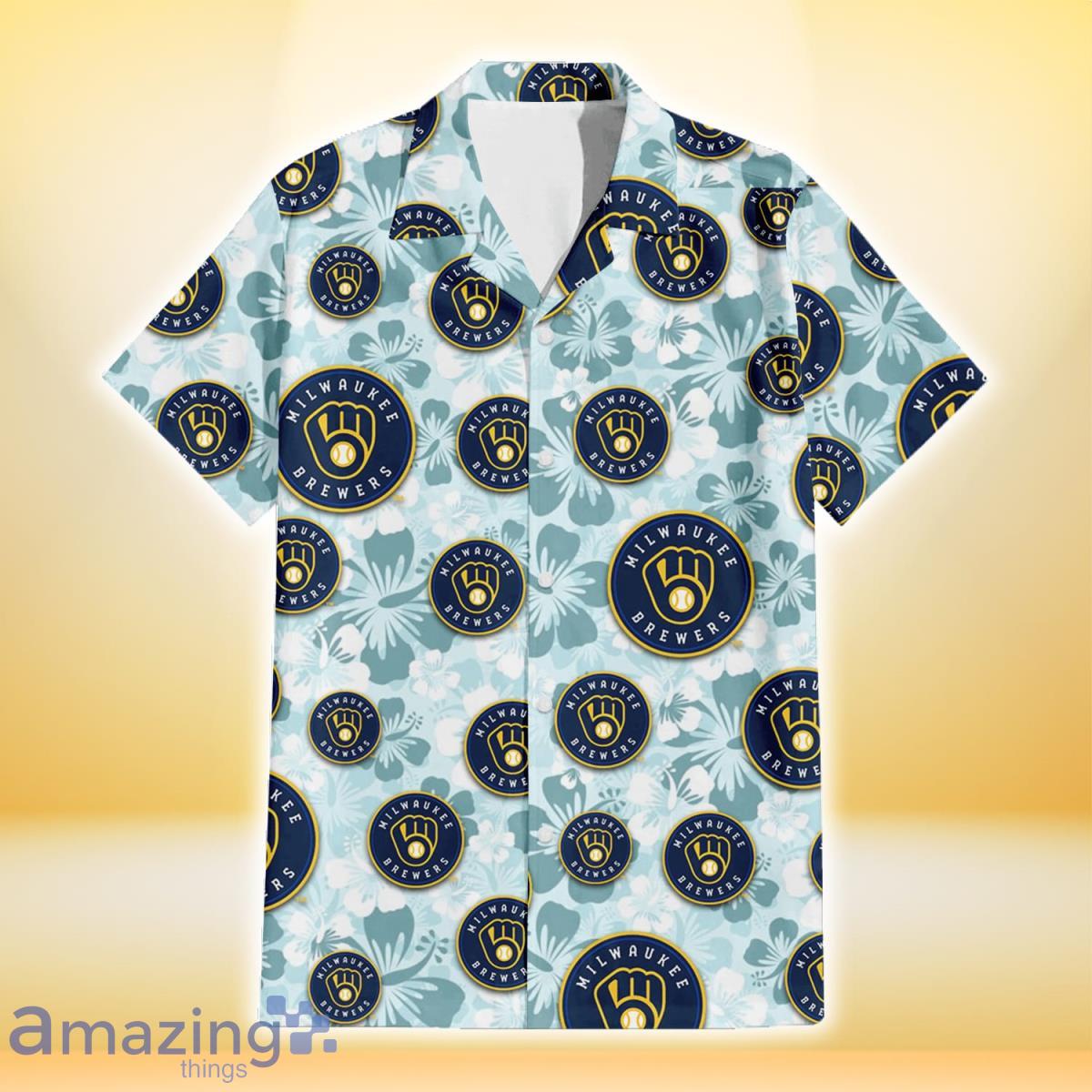 Milwaukee Brewers Brown Yellow Hibiscus White Background 3D Hawaiian Shirt  Gift For Fans