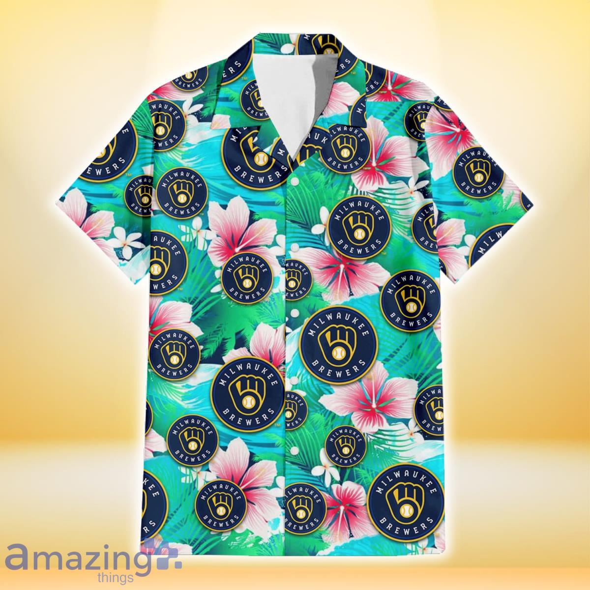 Milwaukee Brewers Pale Turquoise Hibiscus Light Cyan Background 3D Hawaiian  Shirt Gift For Fans