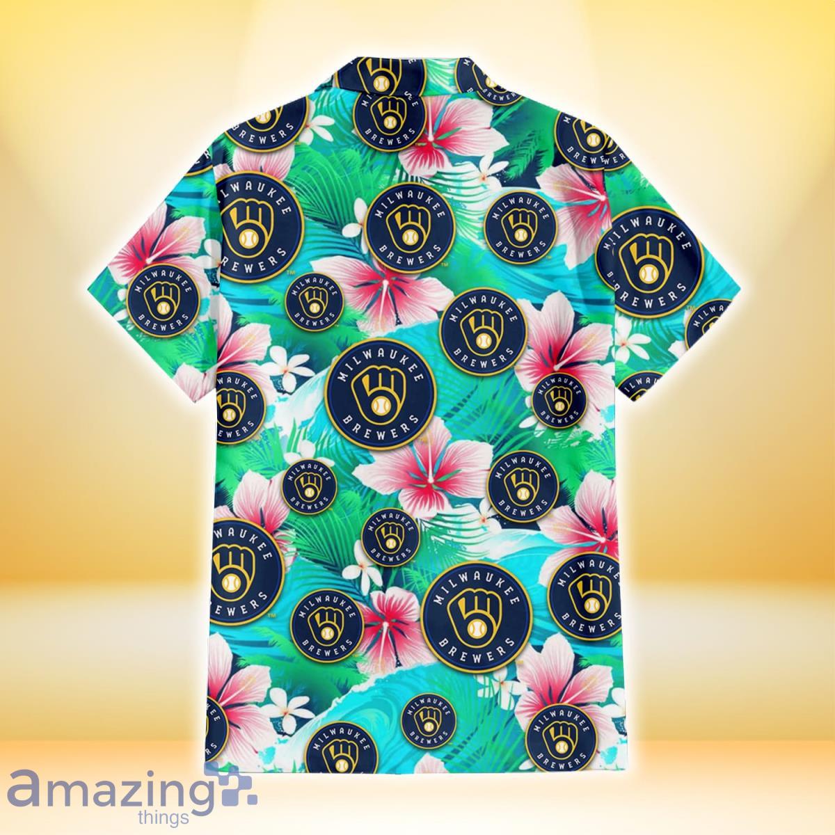 Milwaukee Brewers Pale Turquoise Hibiscus Light Cyan Background 3D Hawaiian  Shirt Gift For Fans