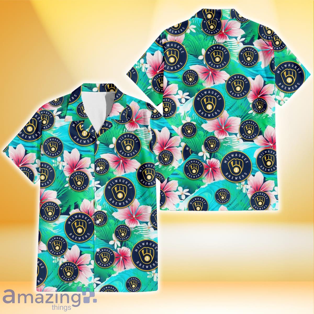 Milwaukee Brewers Pink Hibiscus Green Leaf Blue Background 3D Hawaiian Shirt Gift For Fans Product Photo 1