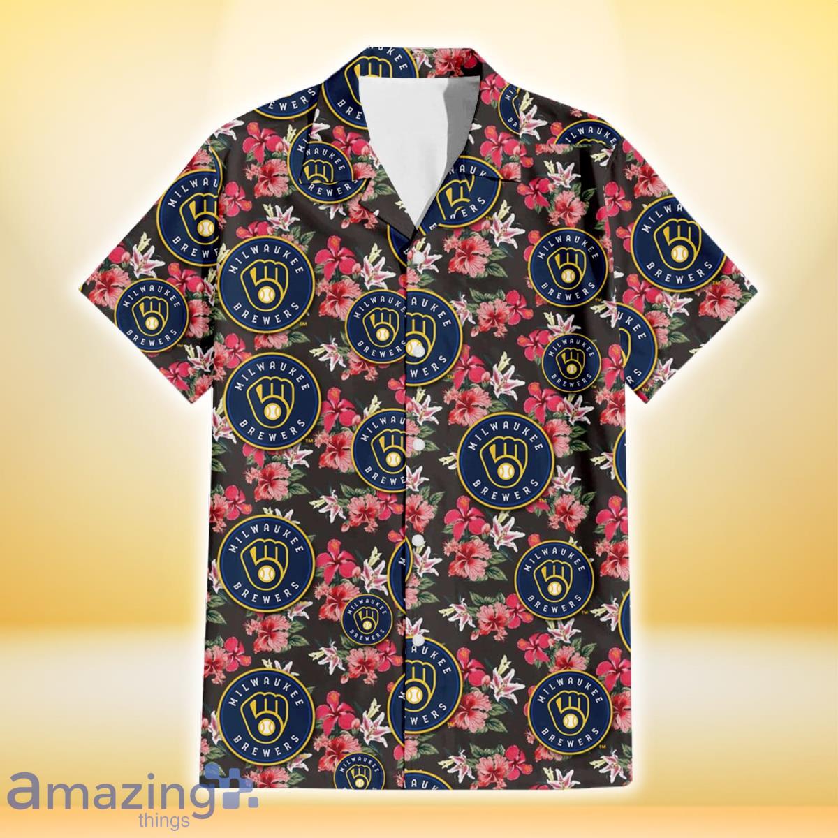 Milwaukee Brewers Pink Hibiscus Orchid Brown Background 3D Hawaiian Shirt Gift For Fans image Milwaukee Brewers Pink Hibiscus Orchid Brown Background 3D Hawaiian Shirt Gift For Fans Product Photo 2