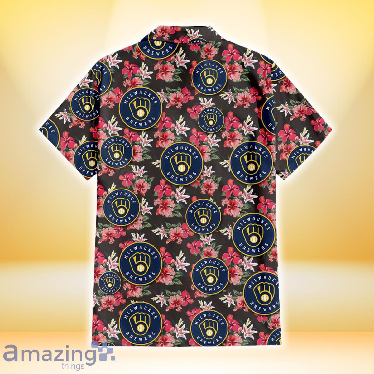 Milwaukee Brewers Pink Hibiscus Orchid Brown Background 3D Hawaiian Shirt Gift For Fans image Milwaukee Brewers Pink Hibiscus Orchid Brown Background 3D Hawaiian Shirt Gift For Fans Product Photo 3