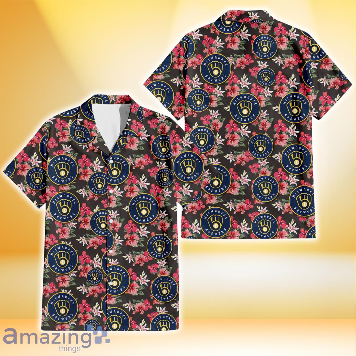 Milwaukee Brewers Pink Hibiscus Orchid Brown Background 3D Hawaiian Shirt Gift For Fans Product Photo 1 Milwaukee Brewers Pink Hibiscus Orchid Brown Background 3D Hawaiian Shirt Gift For Fans Product Photo 1