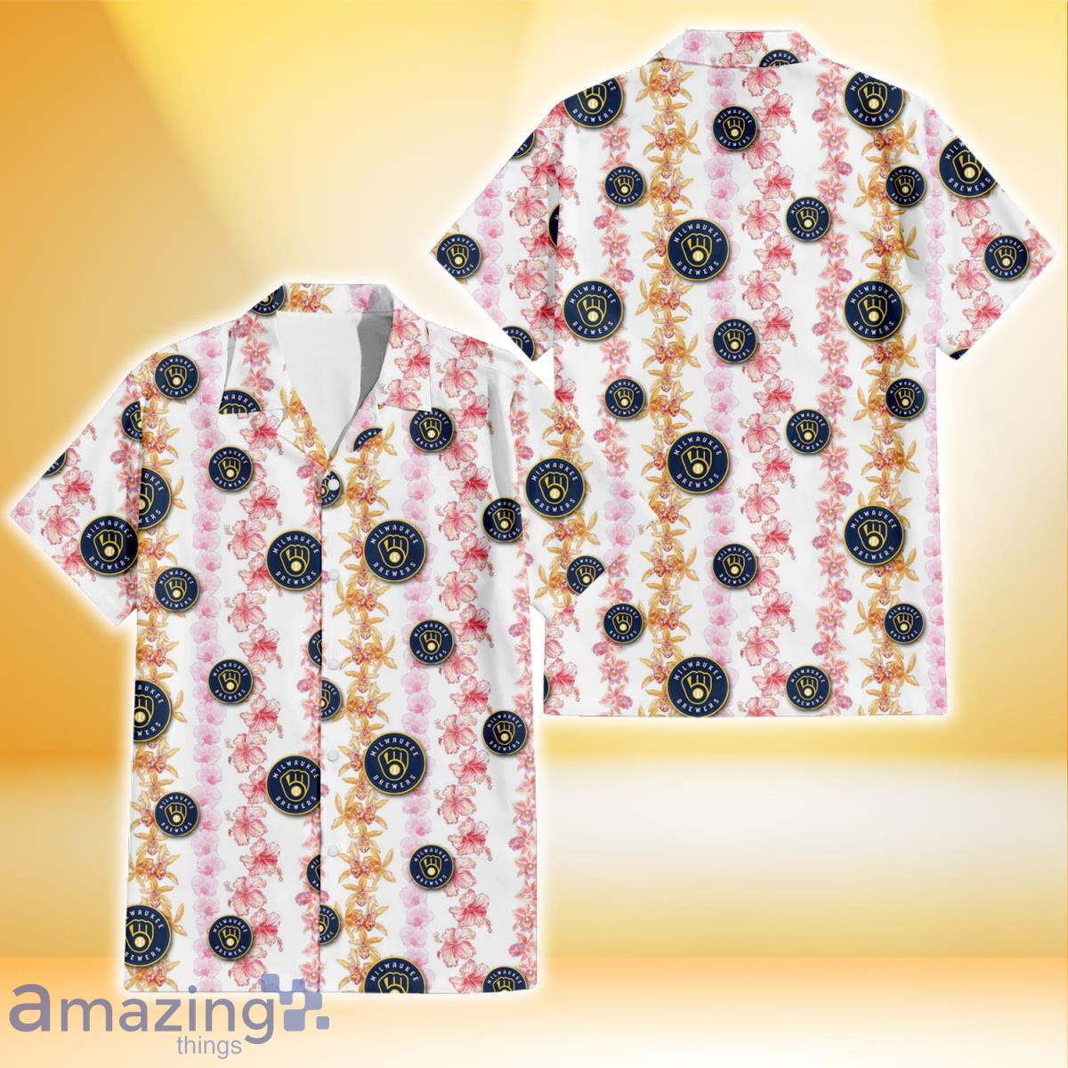 Milwaukee Brewers Pink Hibiscus Yellow Pink Orchid White Background 3D Hawaiian Shirt Gift For Fans Product Photo 1