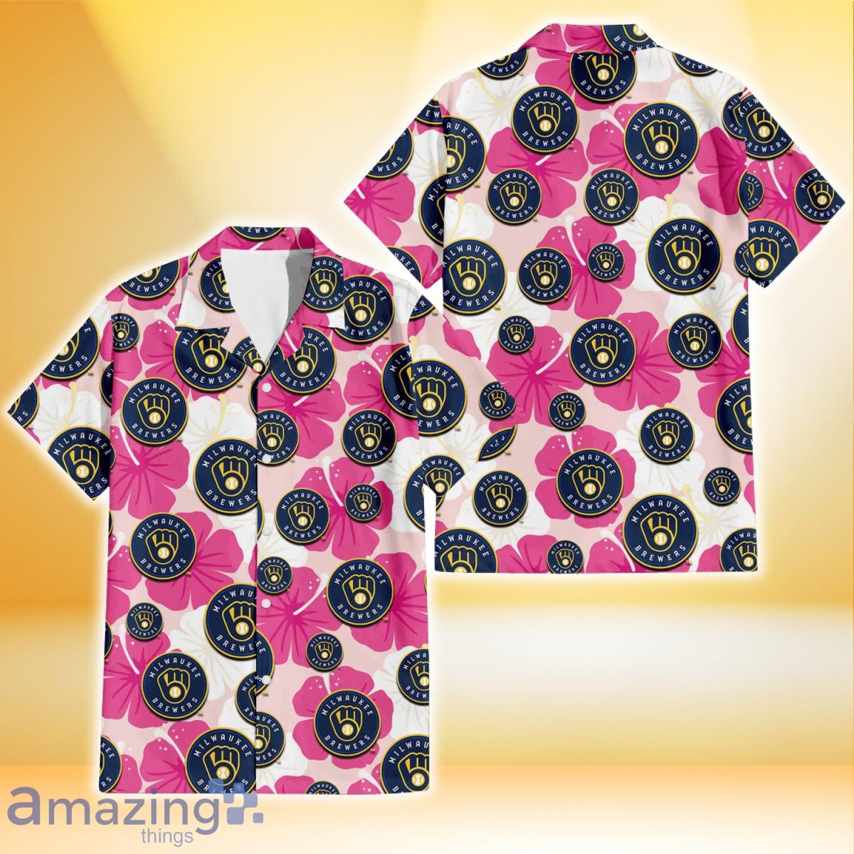 Milwaukee Brewers Pink White Hibiscus Misty Rose Background 3D Hawaiian Shirt Gift For Fans Product Photo 1