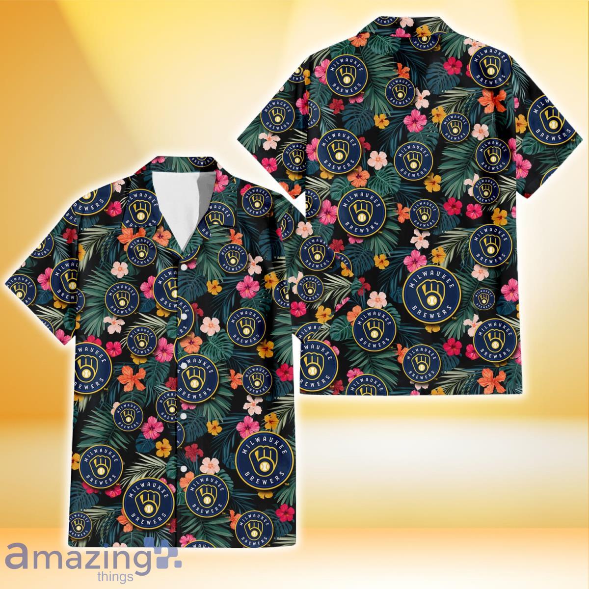 Milwaukee Brewers Pink Yellow Orange Hibiscus Big Tropical Leaf Black Background 3D Hawaiian Shirt Gift For Fans Product Photo 1