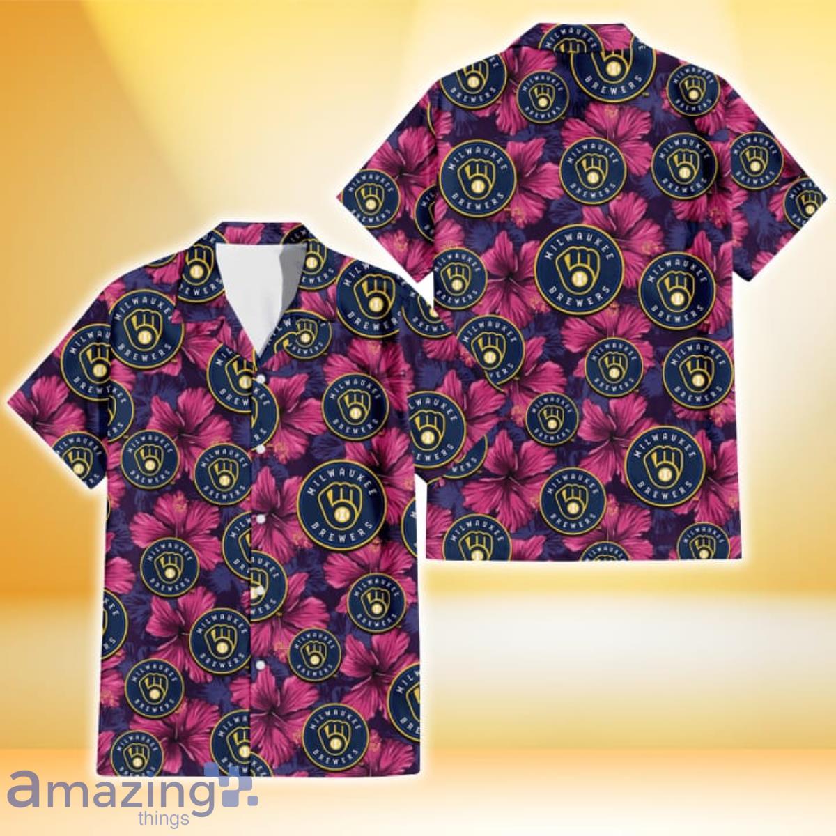 Milwaukee Brewers Plum Vilolet Hibiscus Dark Navy Leaf Black 3D Hawaiian Shirt Gift For Fans Product Photo 1