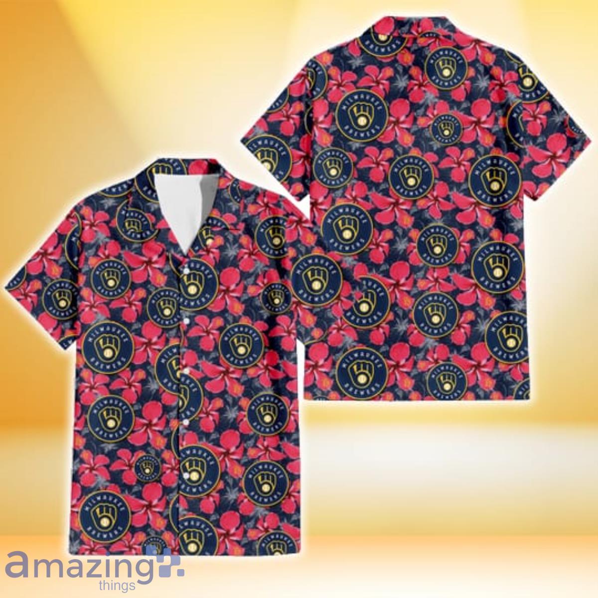 Milwaukee Brewers Red Hibiscus Dark Gray Background 3D Hawaiian Shirt Gift For Fans Product Photo 1