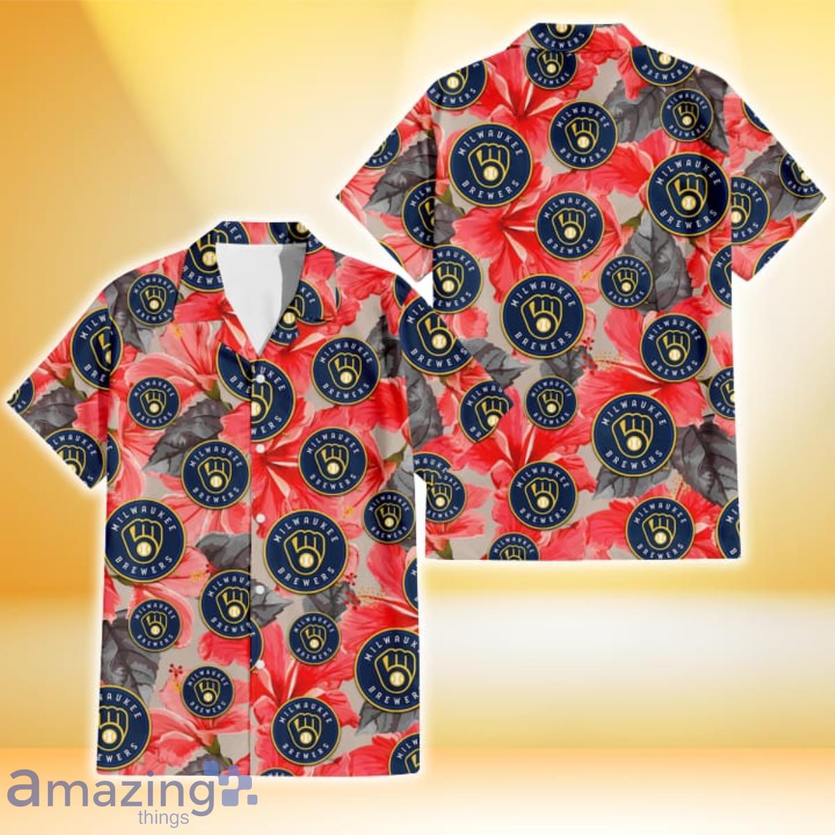 Milwaukee Brewers Red Hibiscus Gray Leaf Beige Background 3D Hawaiian Shirt Gift For Fans Product Photo 1