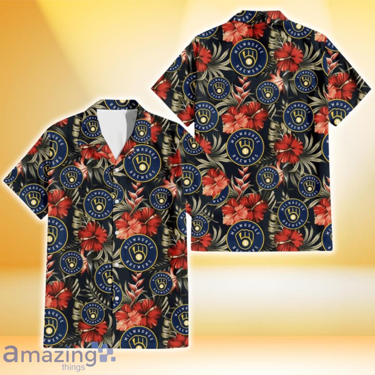 Milwaukee Brewers Red Hibiscus Green Leaf Dark Background 3D Hawaiian Shirt Gift For Fans Product Photo 1