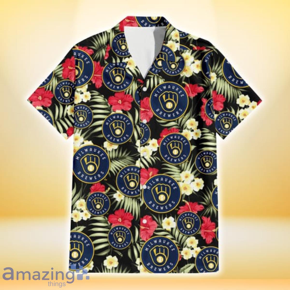 Milwaukee Brewers Red Hibiscus Yellow Porcelain Flower Black Background 3D Hawaiian Shirt Gift For Fans image Milwaukee Brewers Red Hibiscus Yellow Porcelain Flower Black Background 3D Hawaiian Shirt Gift For Fans Product Photo 2
