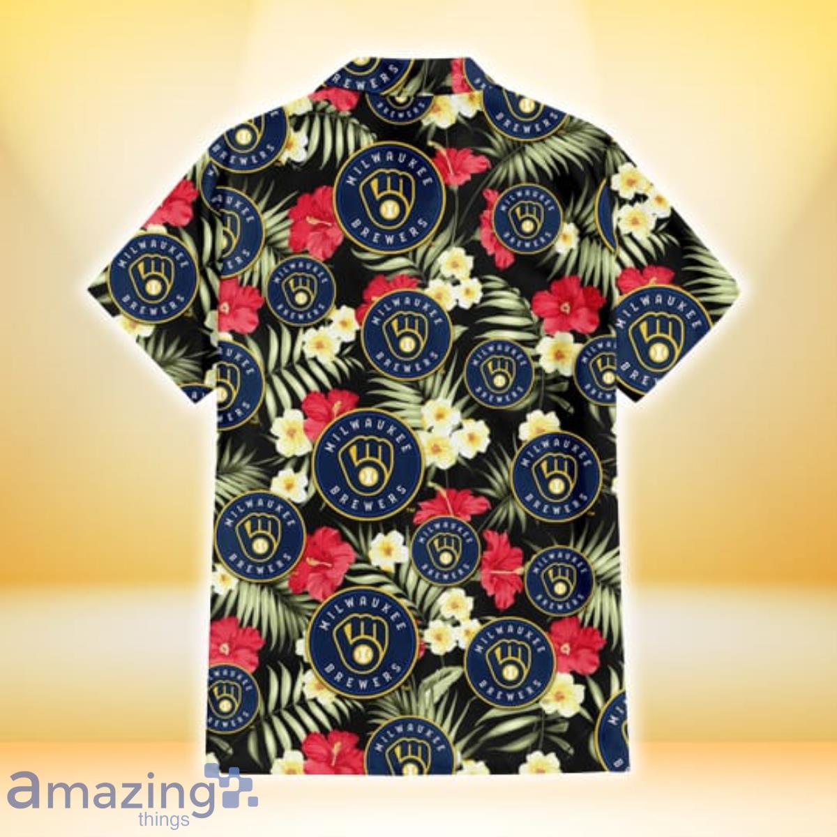 Milwaukee Brewers Red Hibiscus Yellow Porcelain Flower Black Background 3D Hawaiian Shirt Gift For Fans image Milwaukee Brewers Red Hibiscus Yellow Porcelain Flower Black Background 3D Hawaiian Shirt Gift For Fans Product Photo 3
