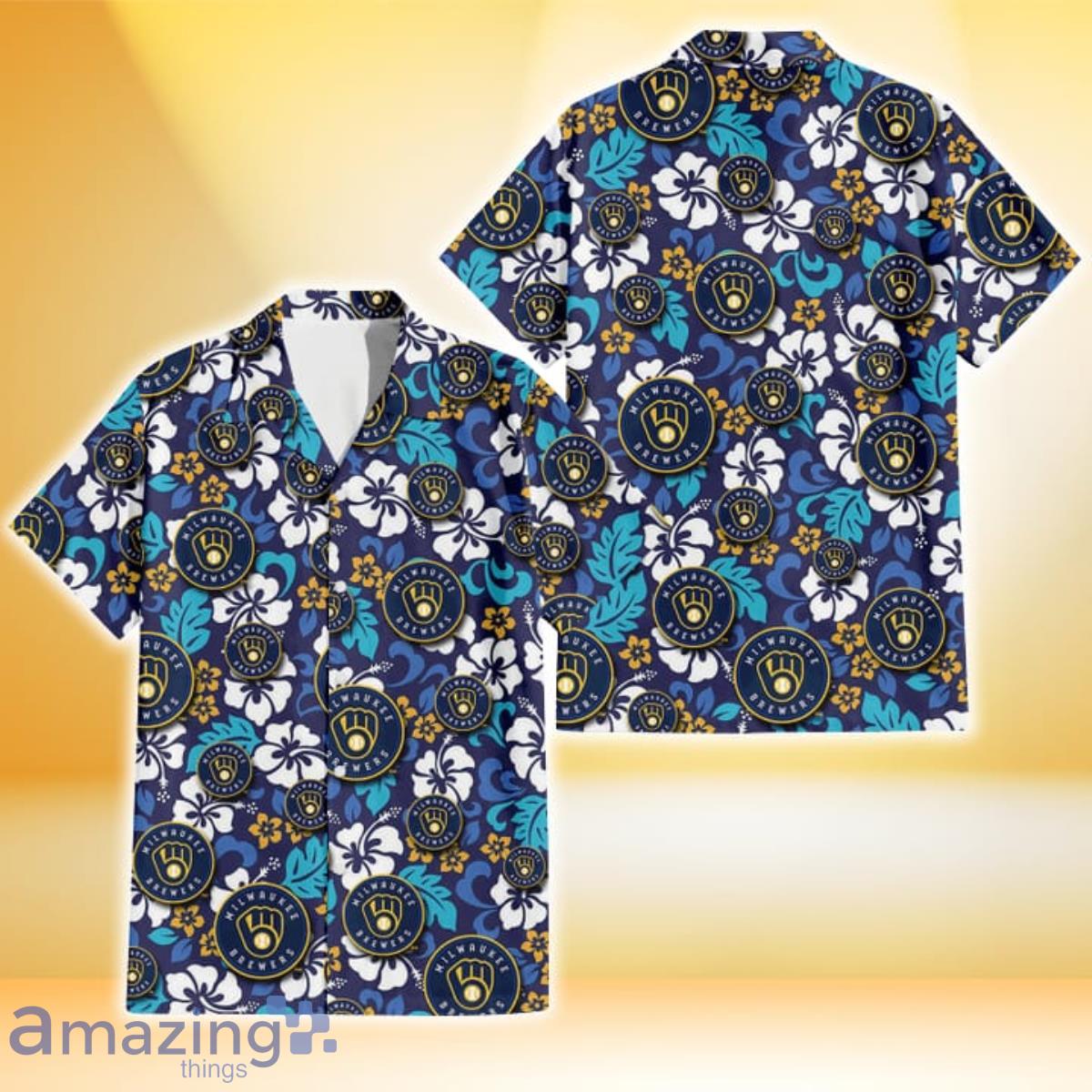 Milwaukee Brewers White Hibiscus Ceramic Style Navy Background 3D Hawaiian Shirt Gift For Fans Product Photo 1