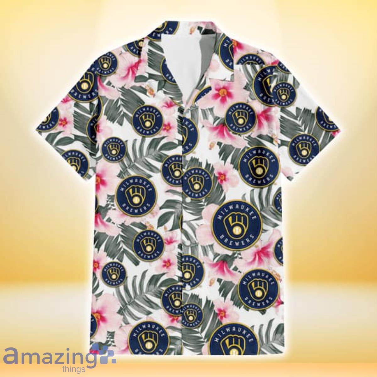 Milwaukee Brewers Modern White Hibiscus Navy Background 3D Hawaiian Shirt  Gift For Fans