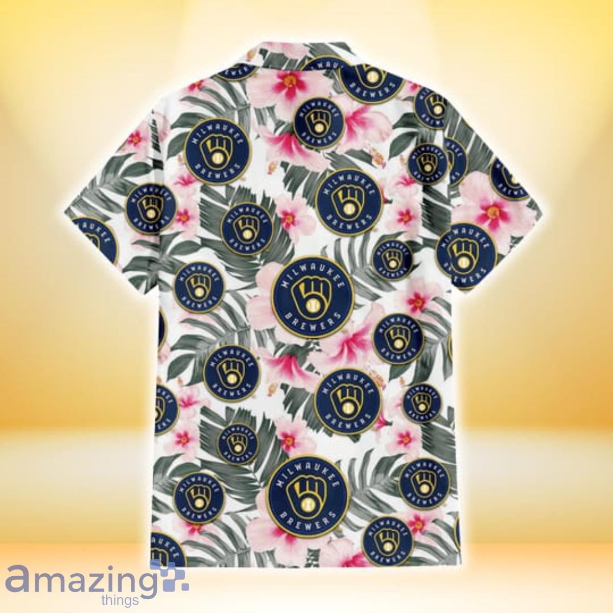 Milwaukee Brewers Modern White Hibiscus Navy Background 3D Hawaiian Shirt  Gift For Fans