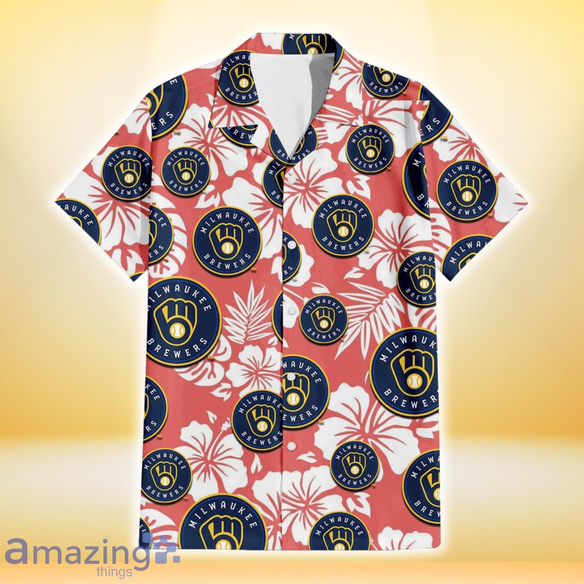 Milwaukee Brewers Brown Yellow Hibiscus White Background 3D Hawaiian Shirt  Gift For Fans