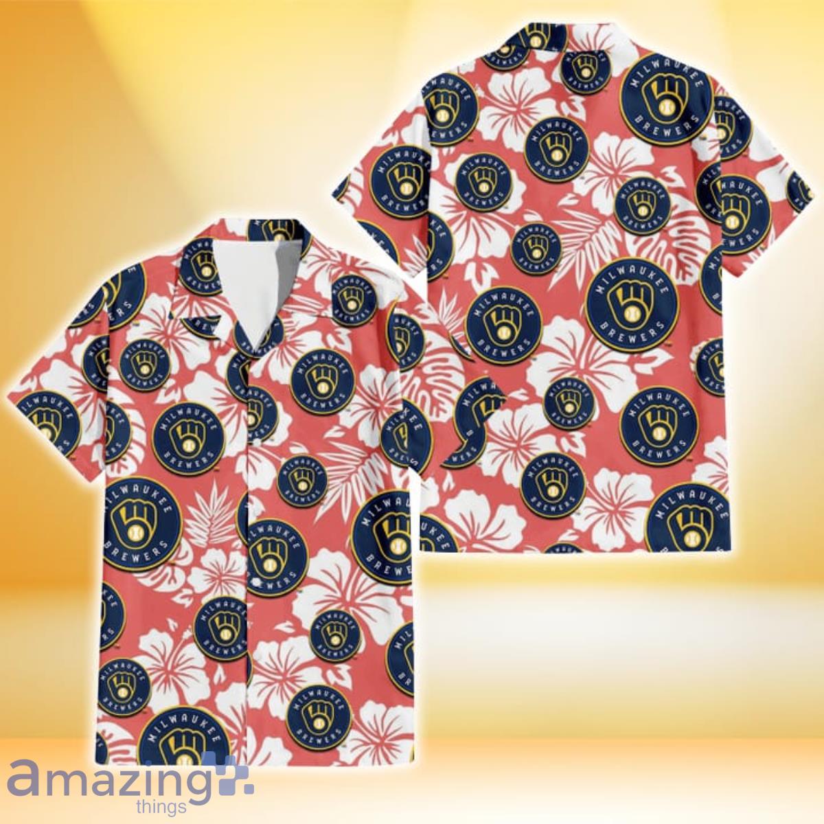 Milwaukee Brewers White Hibiscus Salmon Background 3D Hawaiian Shirt Gift For Fans Product Photo 1 Milwaukee Brewers White Hibiscus Salmon Background 3D Hawaiian Shirt Gift For Fans Product Photo 1
