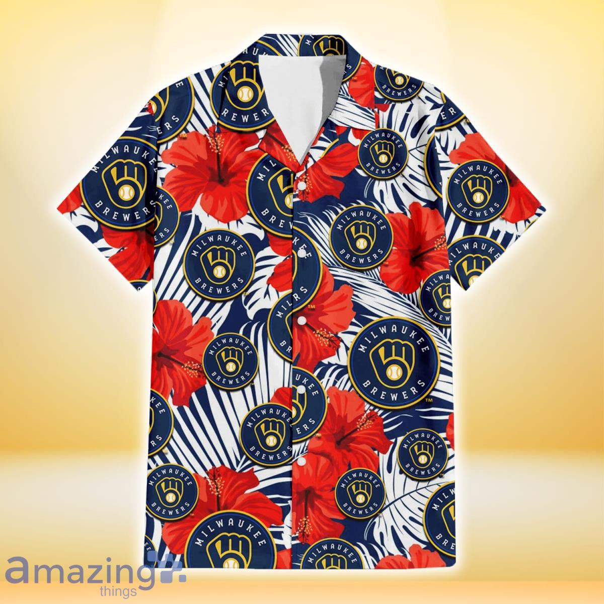 Brewers Hawaiian Shirt Navy Hibiscus Palm Leaf Custom Milwaukee