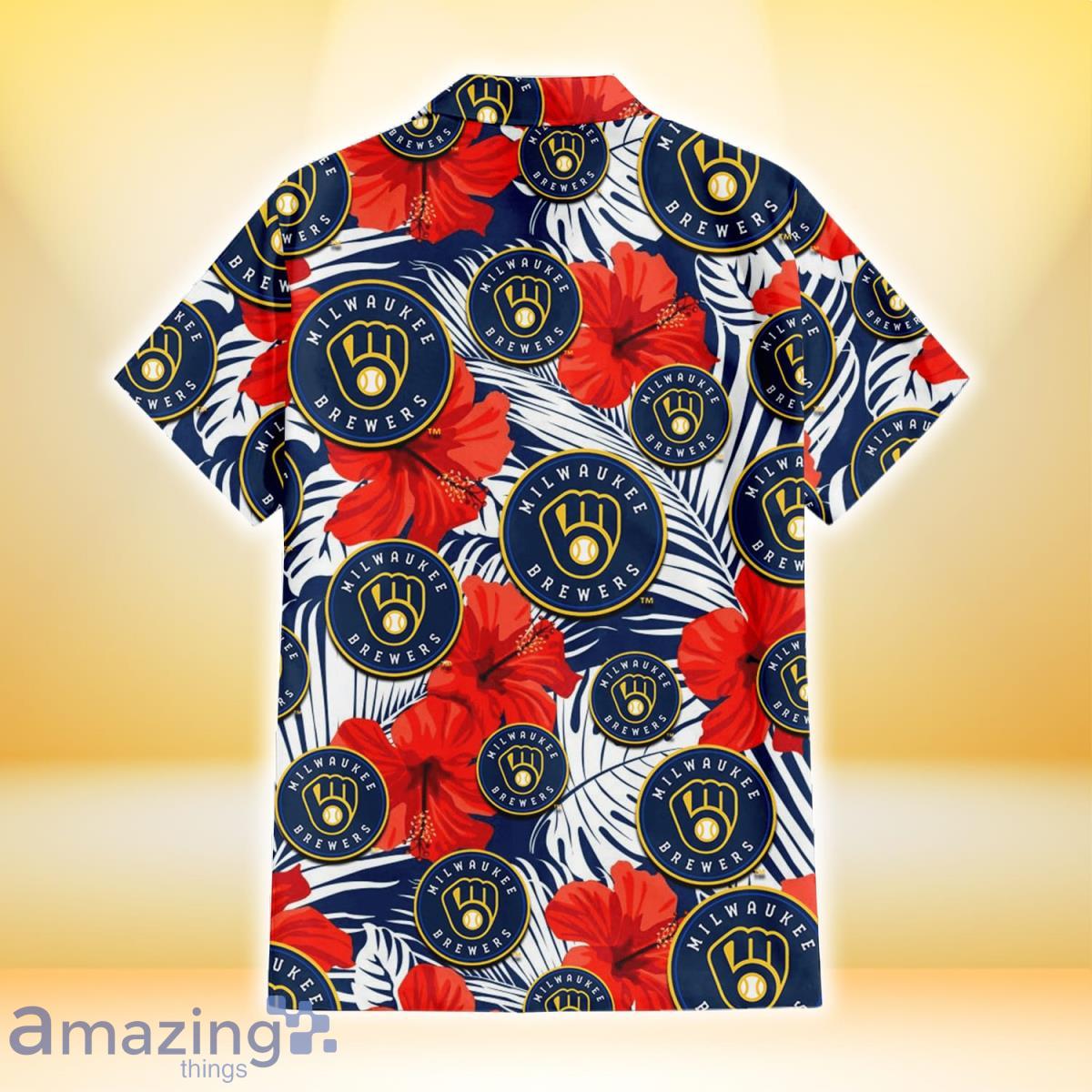 Brewers Hawaiian Shirt Navy Hibiscus Palm Leaf Custom Milwaukee