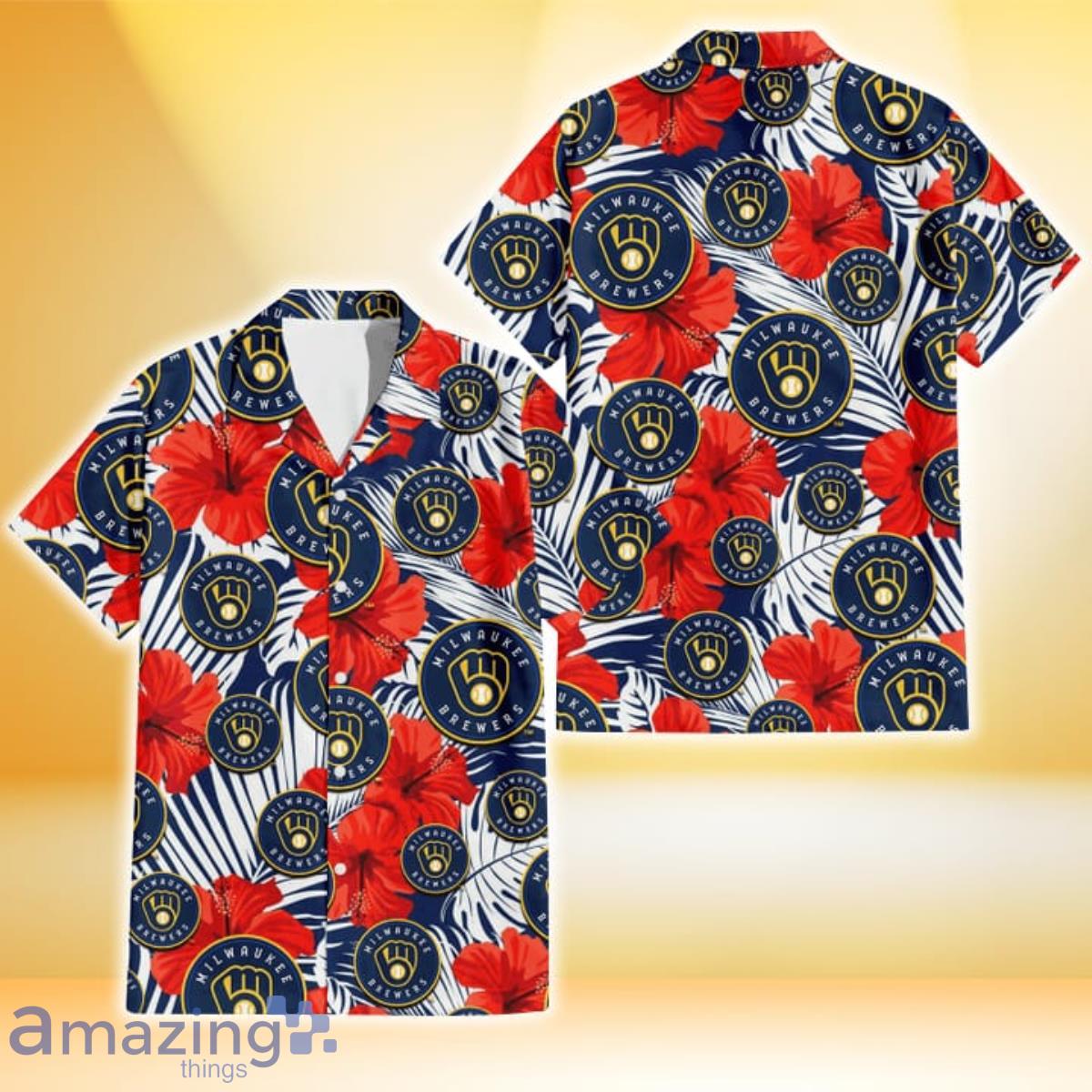 Brewers Hawaiian Shirt Navy Hibiscus Palm Leaf Custom Milwaukee