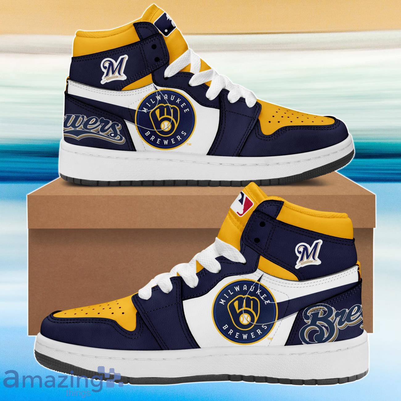 MLB Milwaukee Brewers Air Jordan Hightop Shoes For Fans Product Photo 1 MLB Milwaukee Brewers Air Jordan Hightop Shoes For Fans Product Photo 1