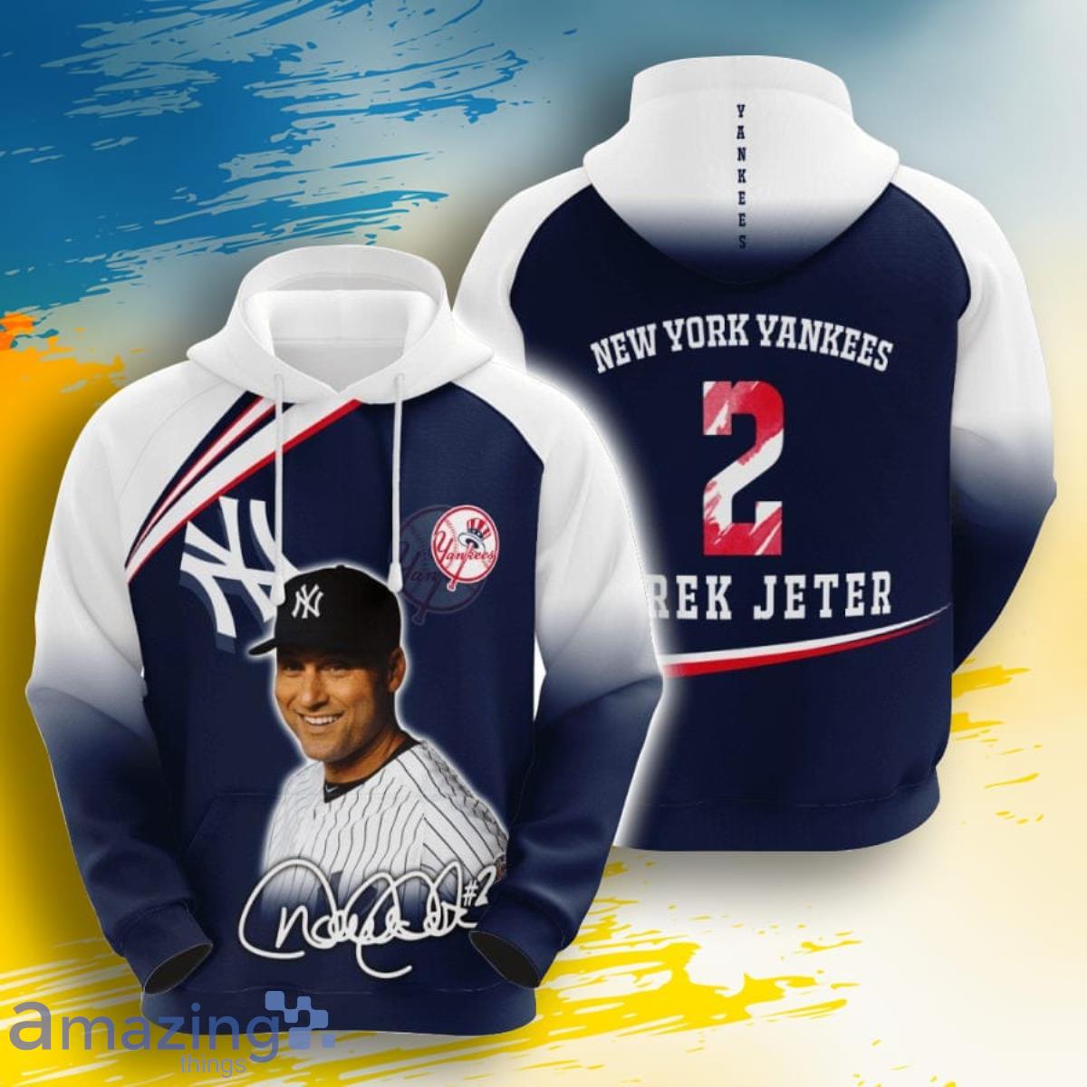 MLB New York Yankees Derek Jeter Navy And White 3D Pullover Hoodie For Fans