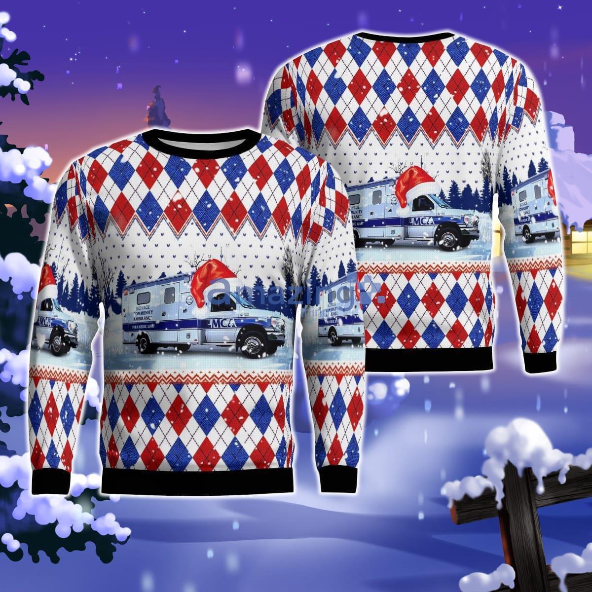 Monroe, Michigan, Monroe Community Ambulance Christmas AOP Ugly Sweater Gift For Men Women Product Photo 1 Monroe, Michigan, Monroe Community Ambulance Christmas AOP Ugly Sweater Gift For Men Women Product Photo 1