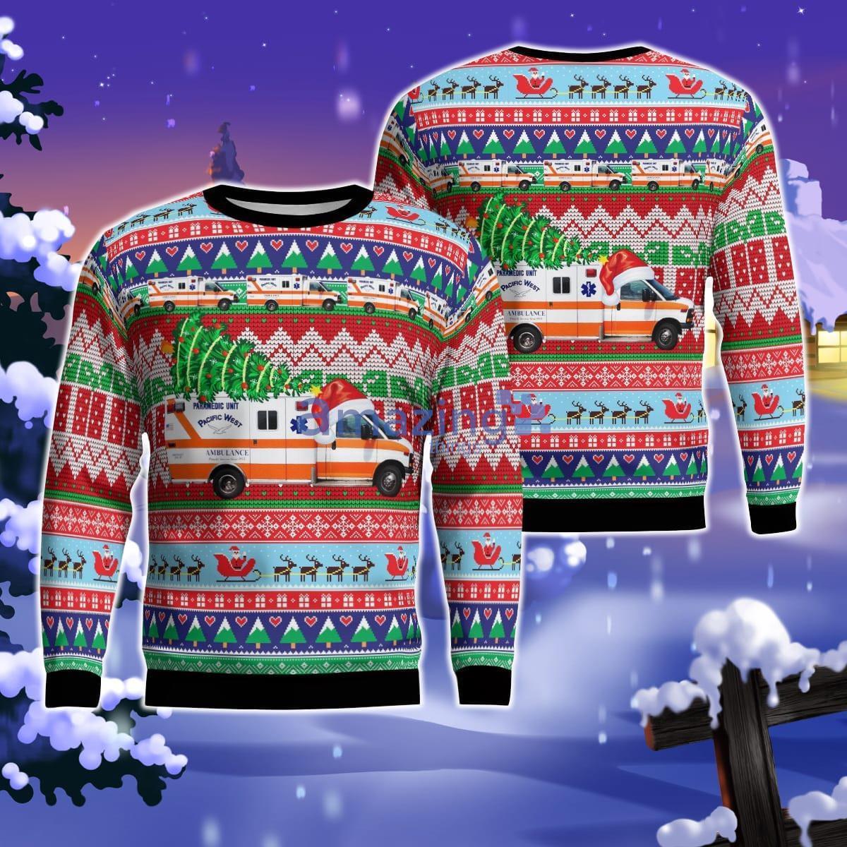 Newport, Oregon, Pacific West Ambulance Christmas AOP Ugly Sweater For Men Women Product Photo 1