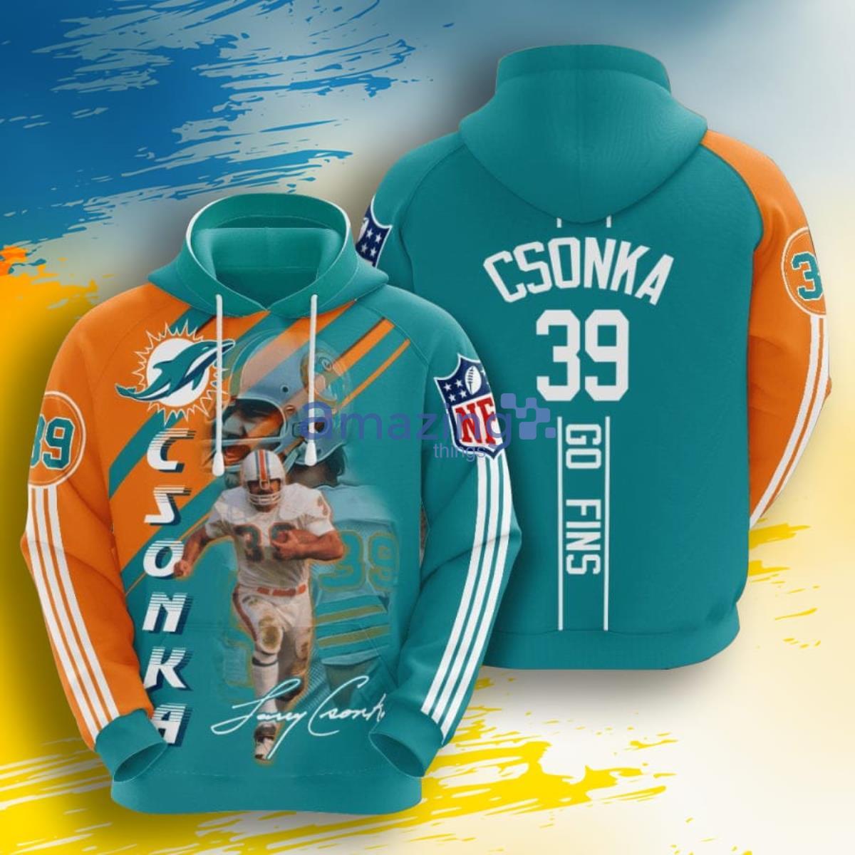 NFL Miami Dolphins Larry Csonka Aqua Orange Stripes 3D Pullover Hoodie For  Fans