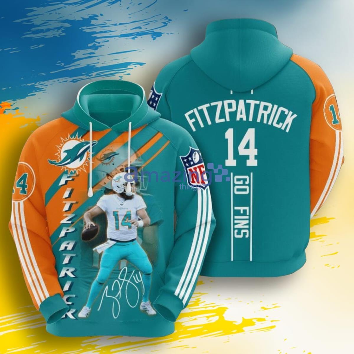NFL Miami Dolphins Ryan Fitzpatrick Aqua Orange 3D Pullover Hoodie