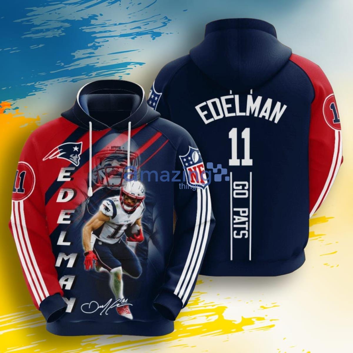 NFL New England Patriots Julian Edelman Blue Red Stripes 3D Pullover Hoodie  For Fans