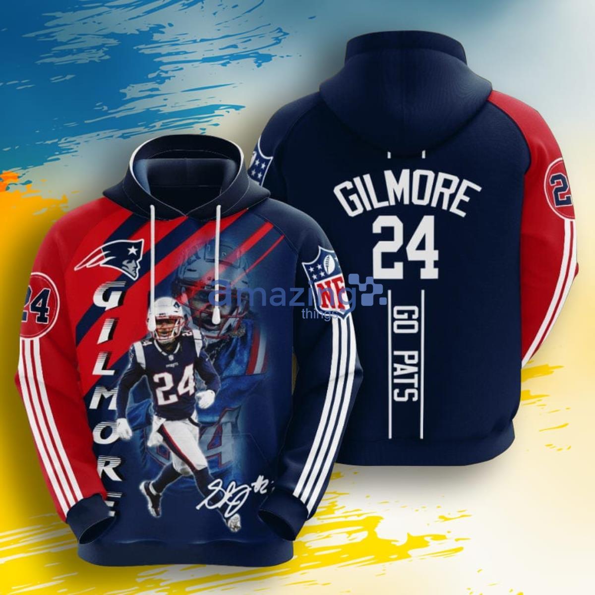 NFL New England Patriots Stephon Gilmore Blue Red Stripes 3D Pullover  Hoodie For Fans