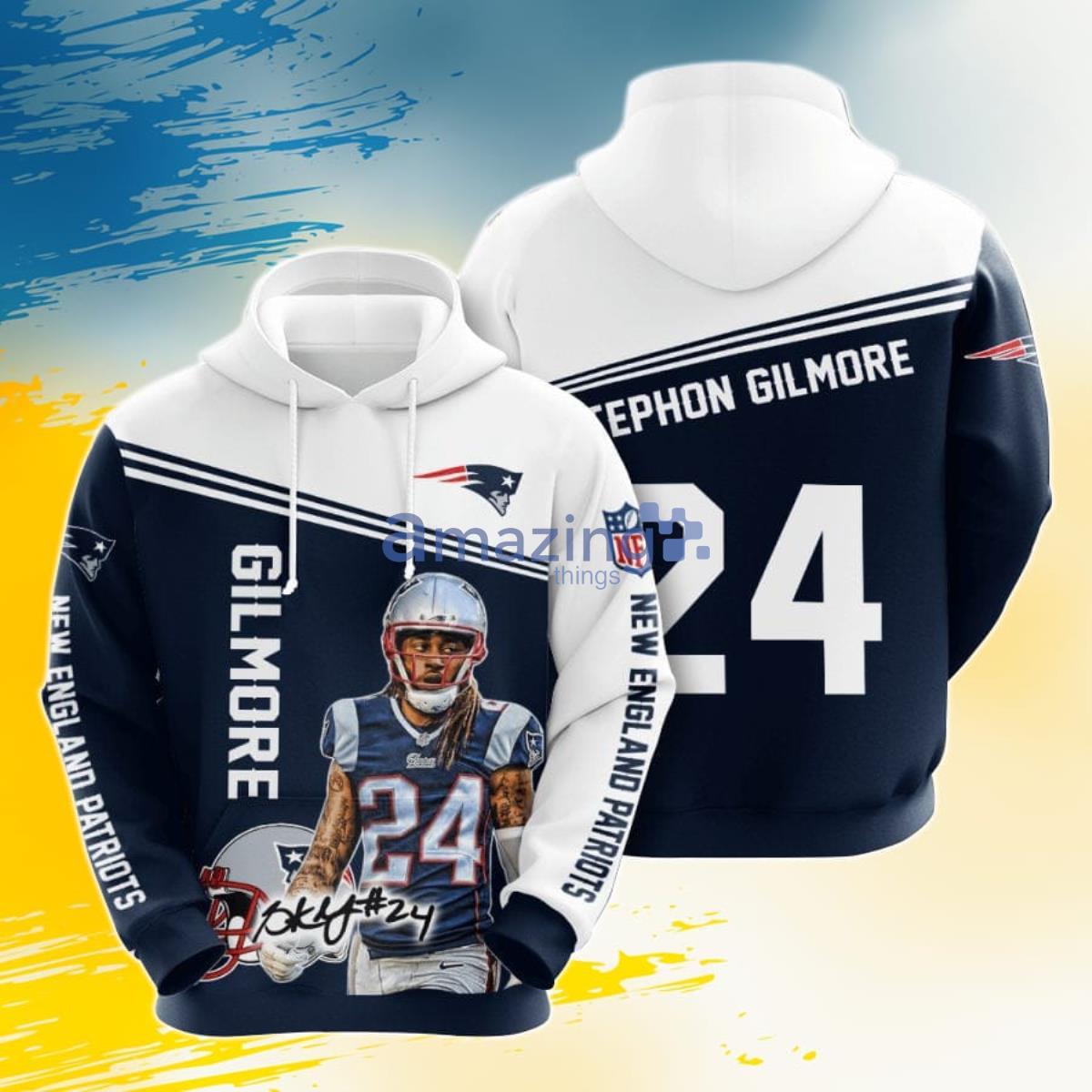 NFL New England Patriots Stephon Gilmore Blue White 3D Pullover Hoodie For  Fans