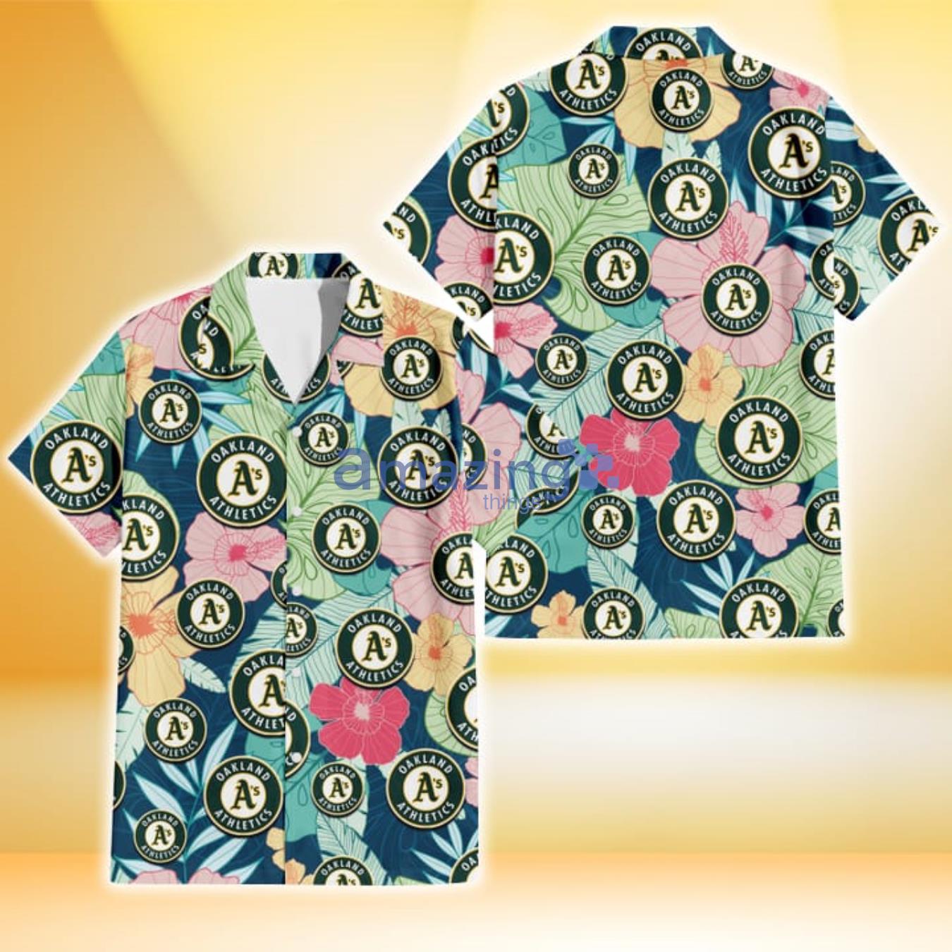 Oakland Athletics Colorful Sketch Hibiscus Dark Green Background 3D Hawaiian Shirt Gift For Fans Product Photo 1