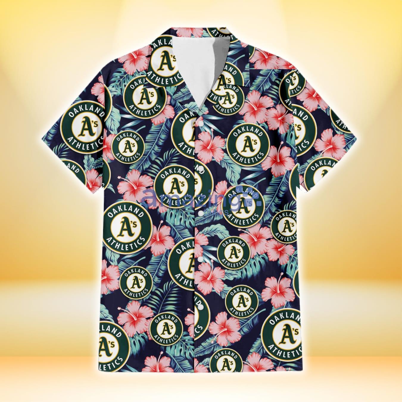 Oakland Athletics Coral Hibiscus Green Banana Leaf Black Background 3D Hawaiian Shirt Gift For Fans Product Photo 2