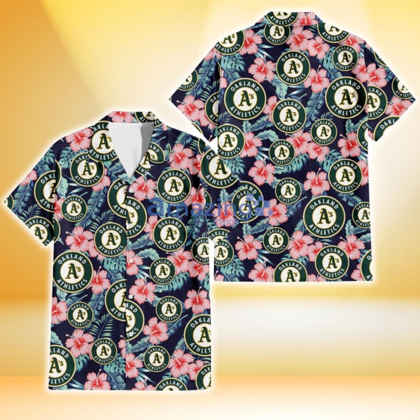 Oakland Athletics Coral Hibiscus Green Banana Leaf Black Background 3D Hawaiian Shirt Gift For Fans Product Photo 1