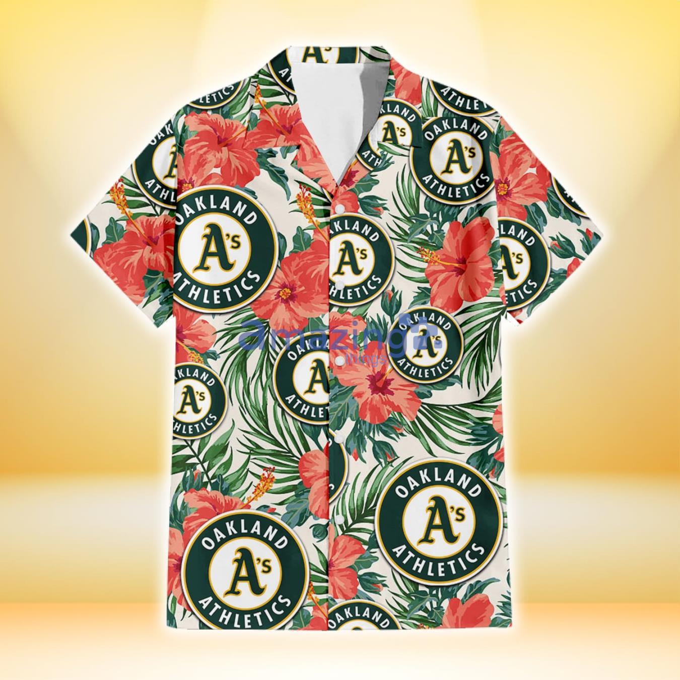 Oakland Athletics Coral Hibiscus Green Leaf Beige Background 3D Hawaiian Shirt Gift For Fans Product Photo 2