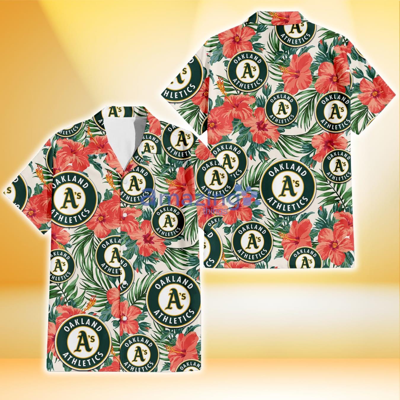 Oakland Athletics Coral Hibiscus Green Leaf Beige Background 3D Hawaiian Shirt Gift For Fans Product Photo 1