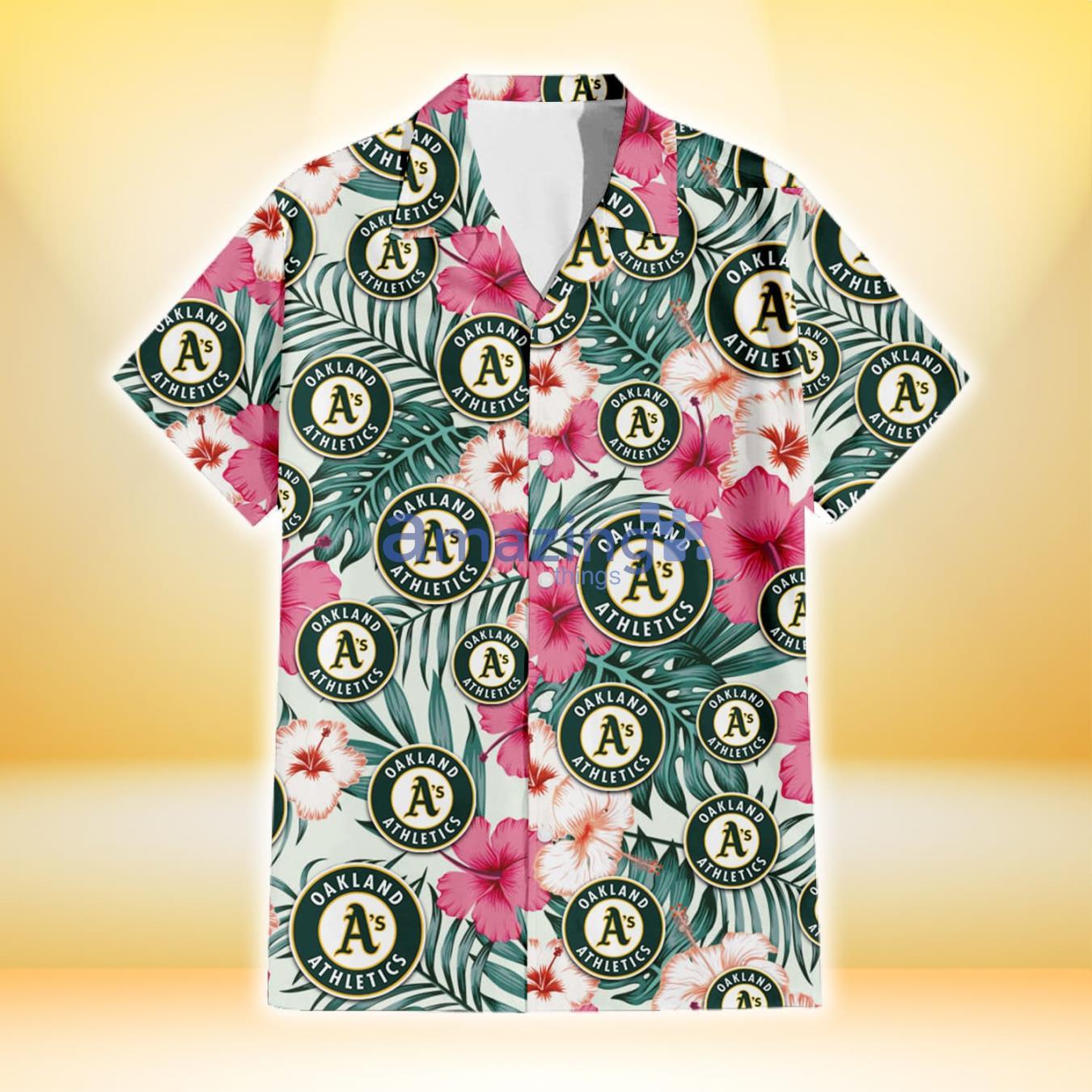 Oakland Athletics Coral Pink Hibiscus Green Leaf Beige Background 3D Hawaiian Shirt Gift For Fans Product Photo 2
