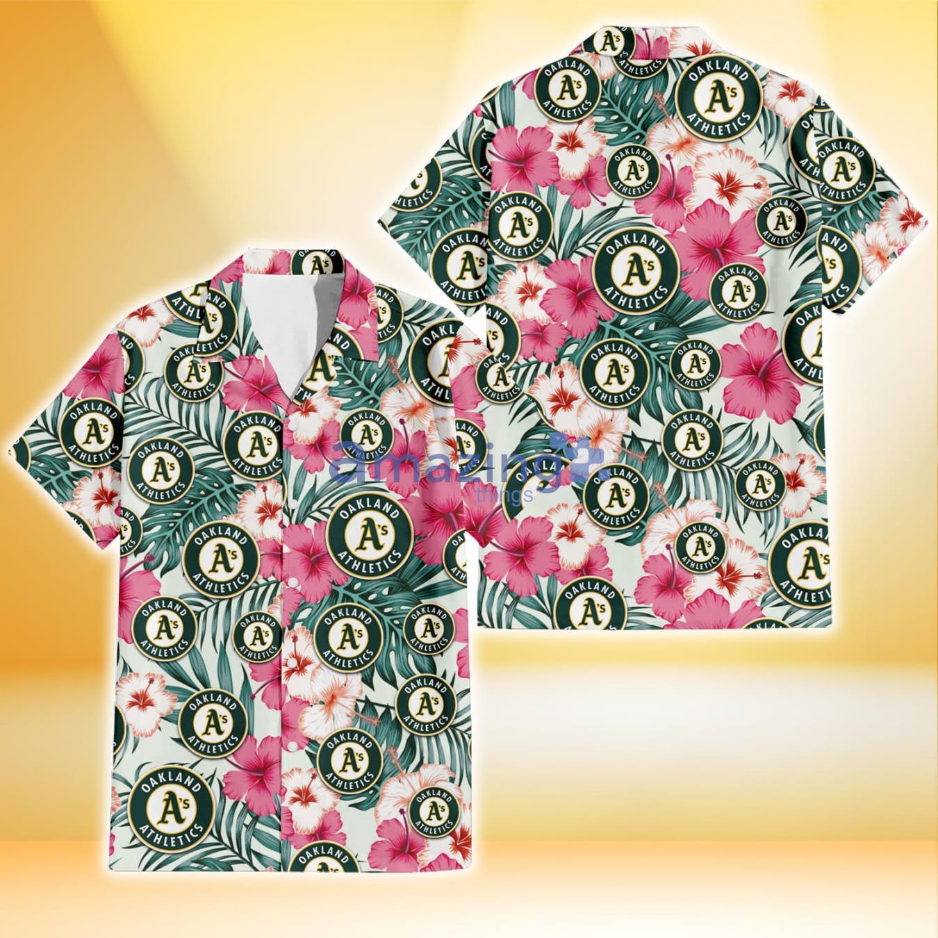 Oakland Athletics Coral Pink Hibiscus Green Leaf Beige Background 3D Hawaiian Shirt Gift For Fans Product Photo 1