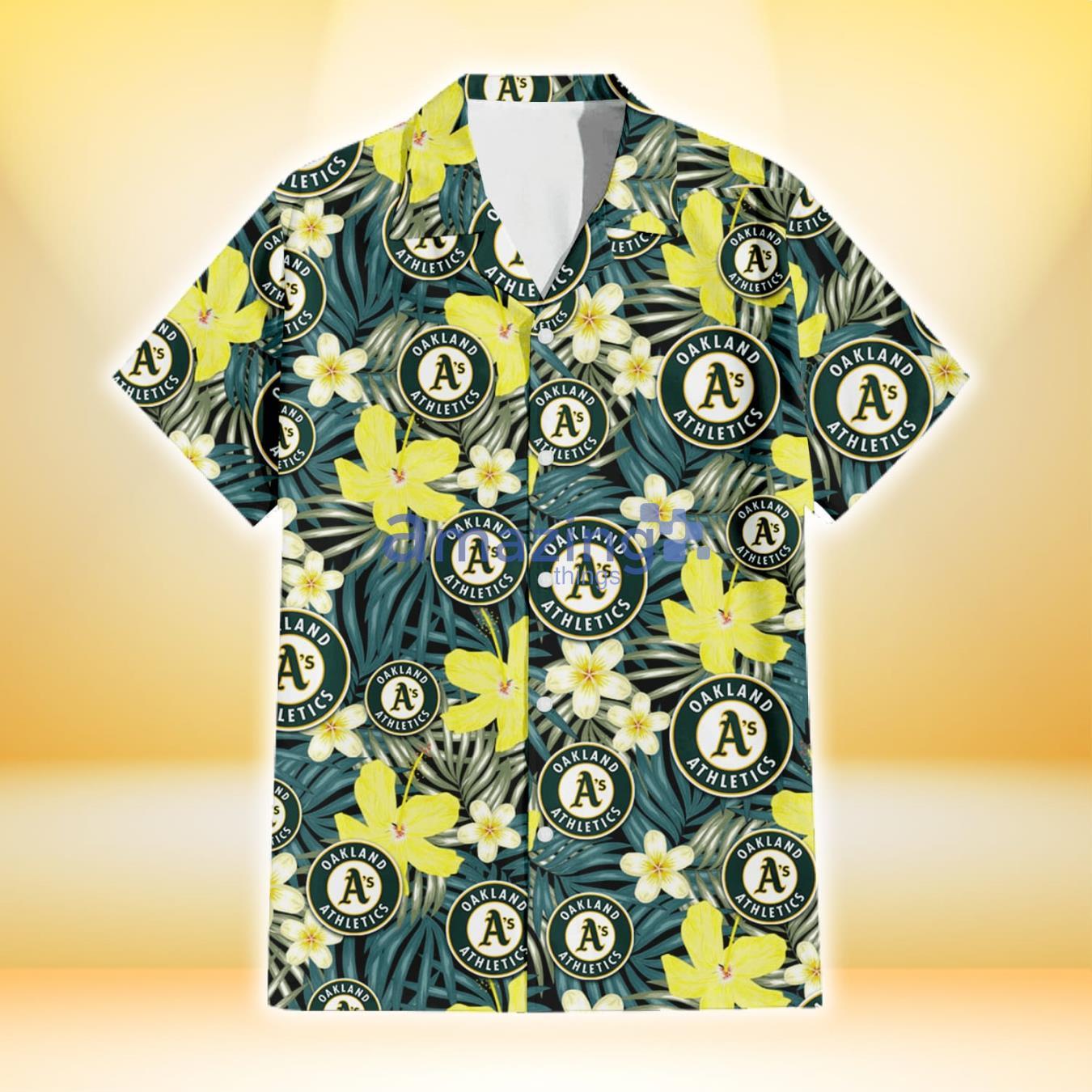 Oakland Athletics Hibiscus Green Palm Leaf Black Background 3D Hawaiian Shirt Gift For Fans Product Photo 2